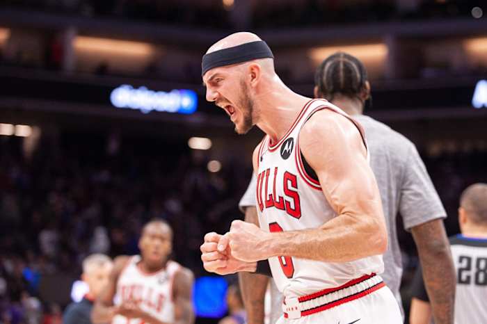 Chicago Bulls guard Alex Caruso (6) reacts after defeating the Sacramento Kings at Golden 1 Center.